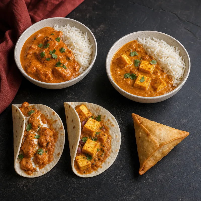 Butter chicken, shahi paneer, soft-shell Indian-fusion tacos and a samosa